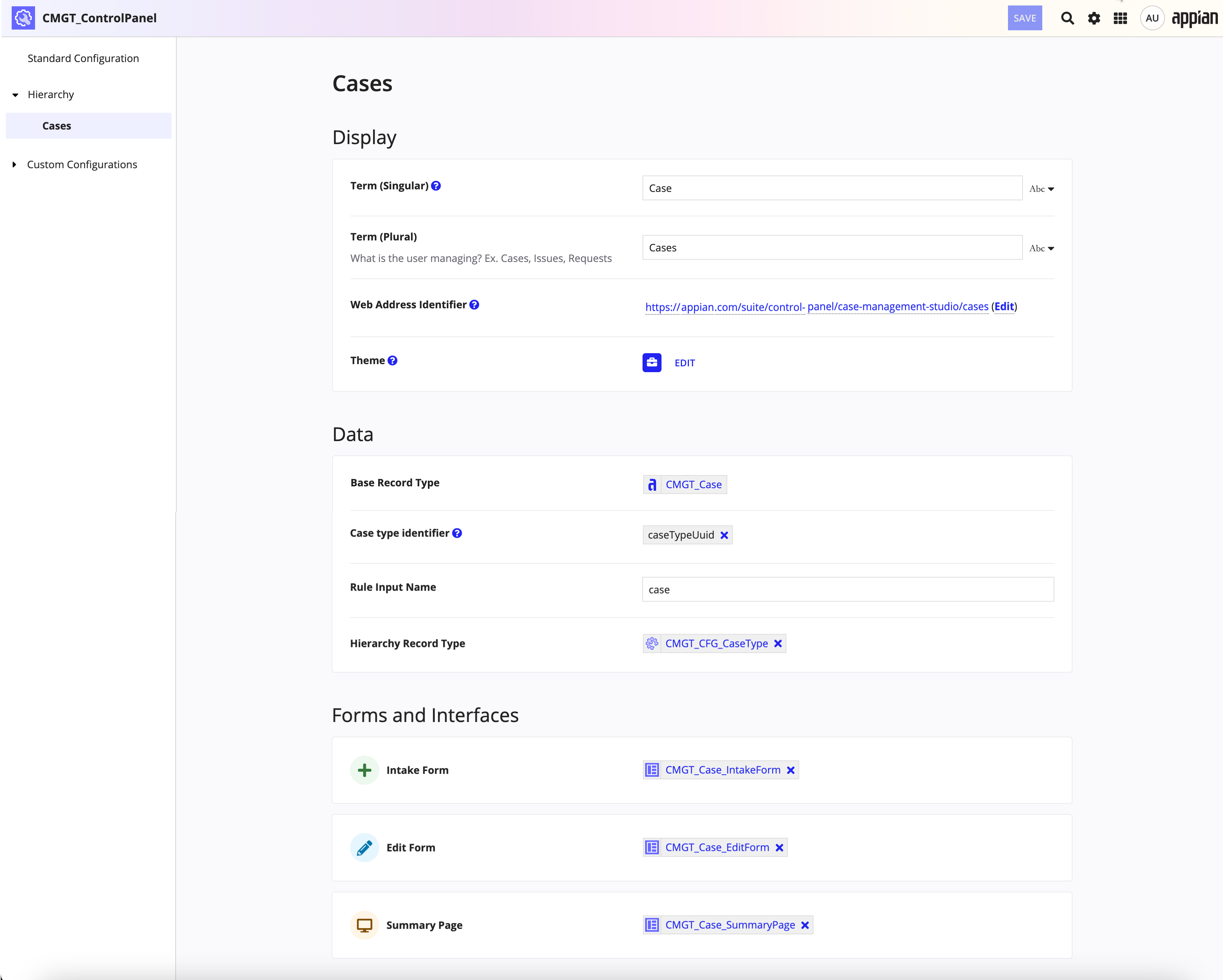 screenshot of the Cases page of the control panel object