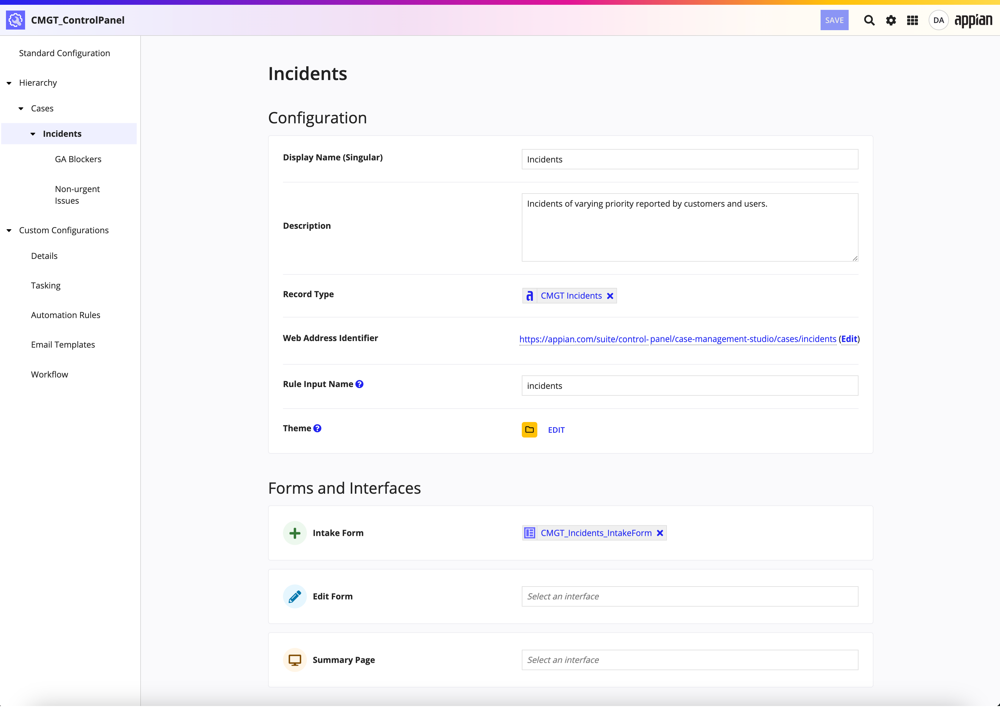 screenshot of a case category page in the control panel object for CMS
