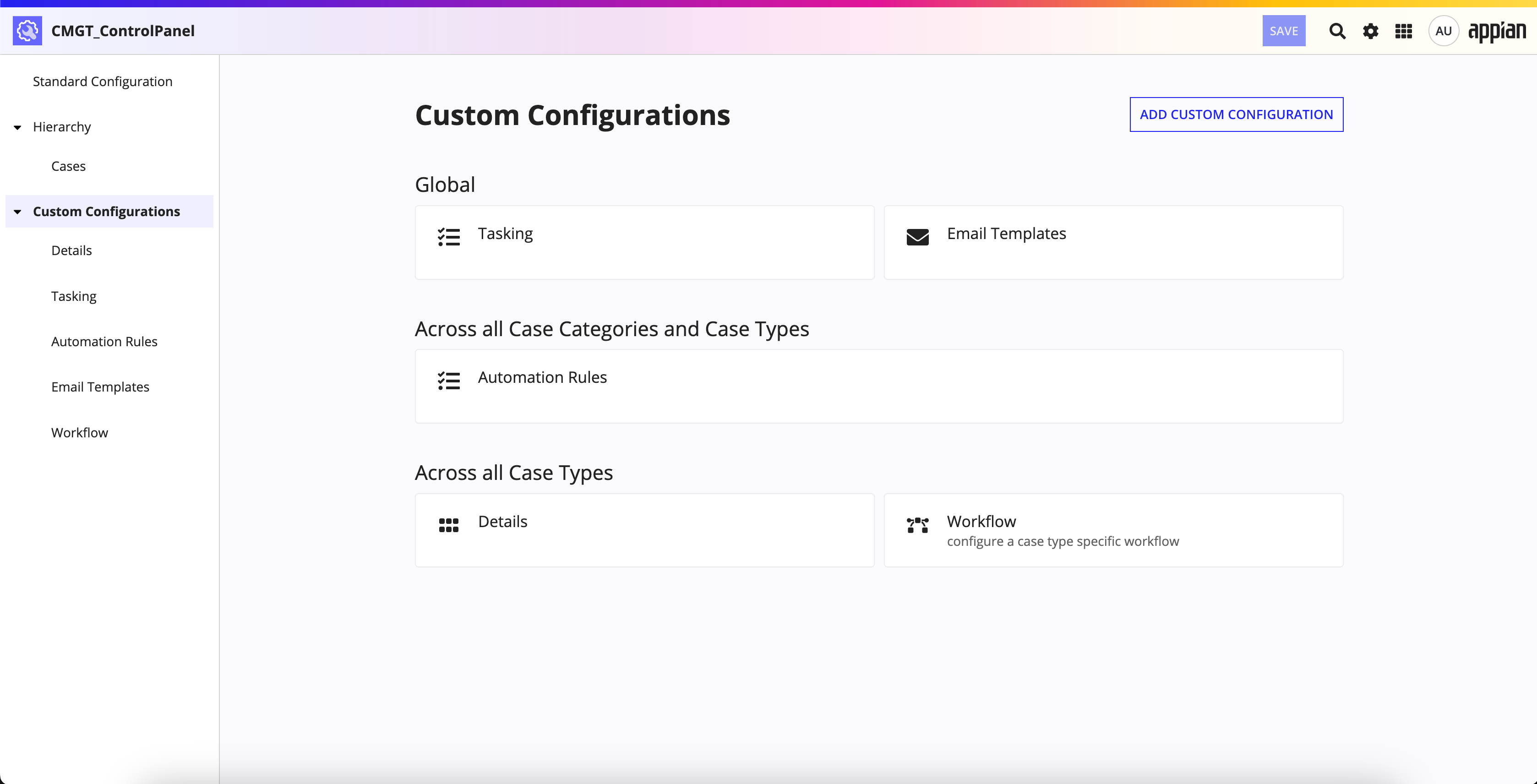 screenshot of the Custom Configurations page in the control panel object with CMS custom configurations