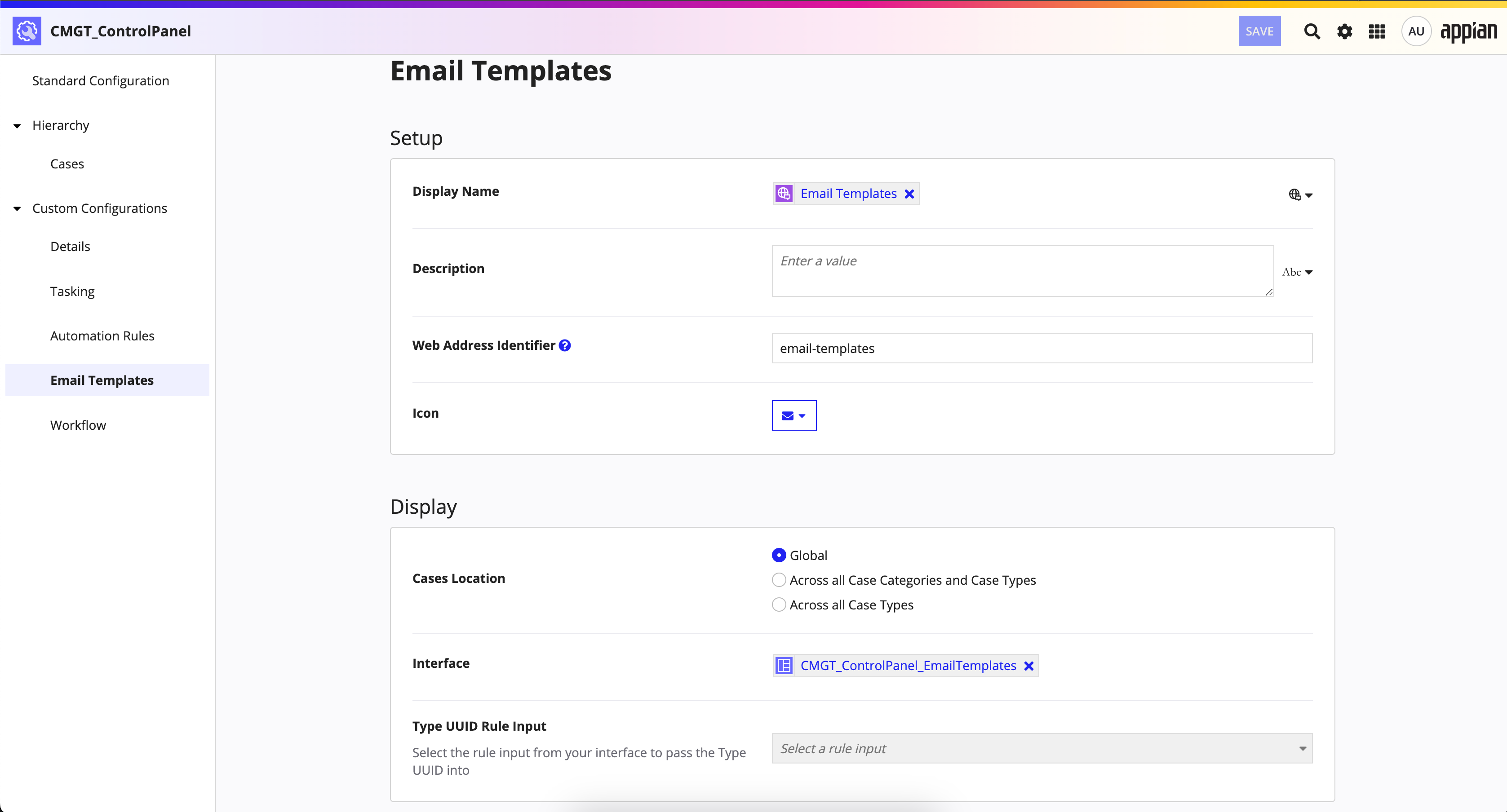 screenshot of the Email Templates custom configurations page in the control panel object for CMS