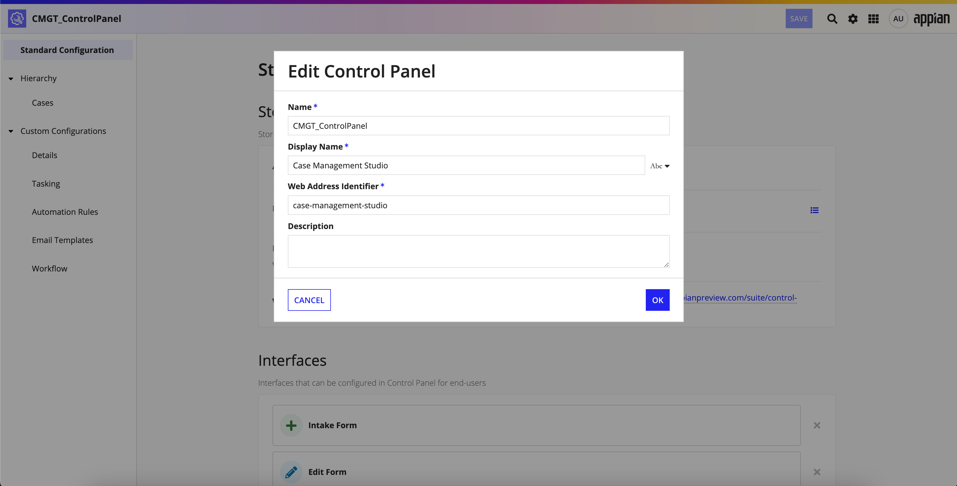 screenshot of the control panel object properties for CMS