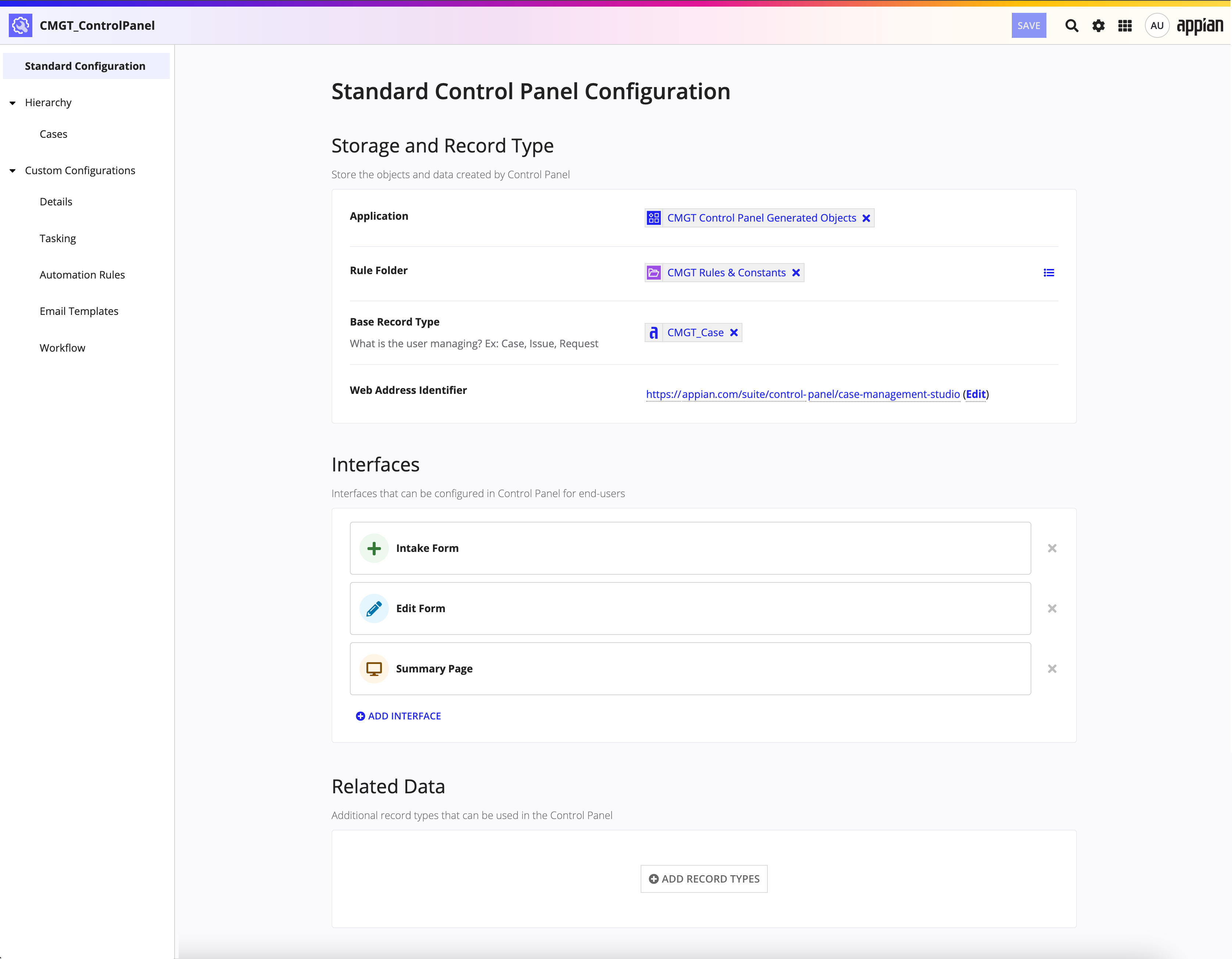 screenshot of the Standard Configs page in the control panel object for CMS