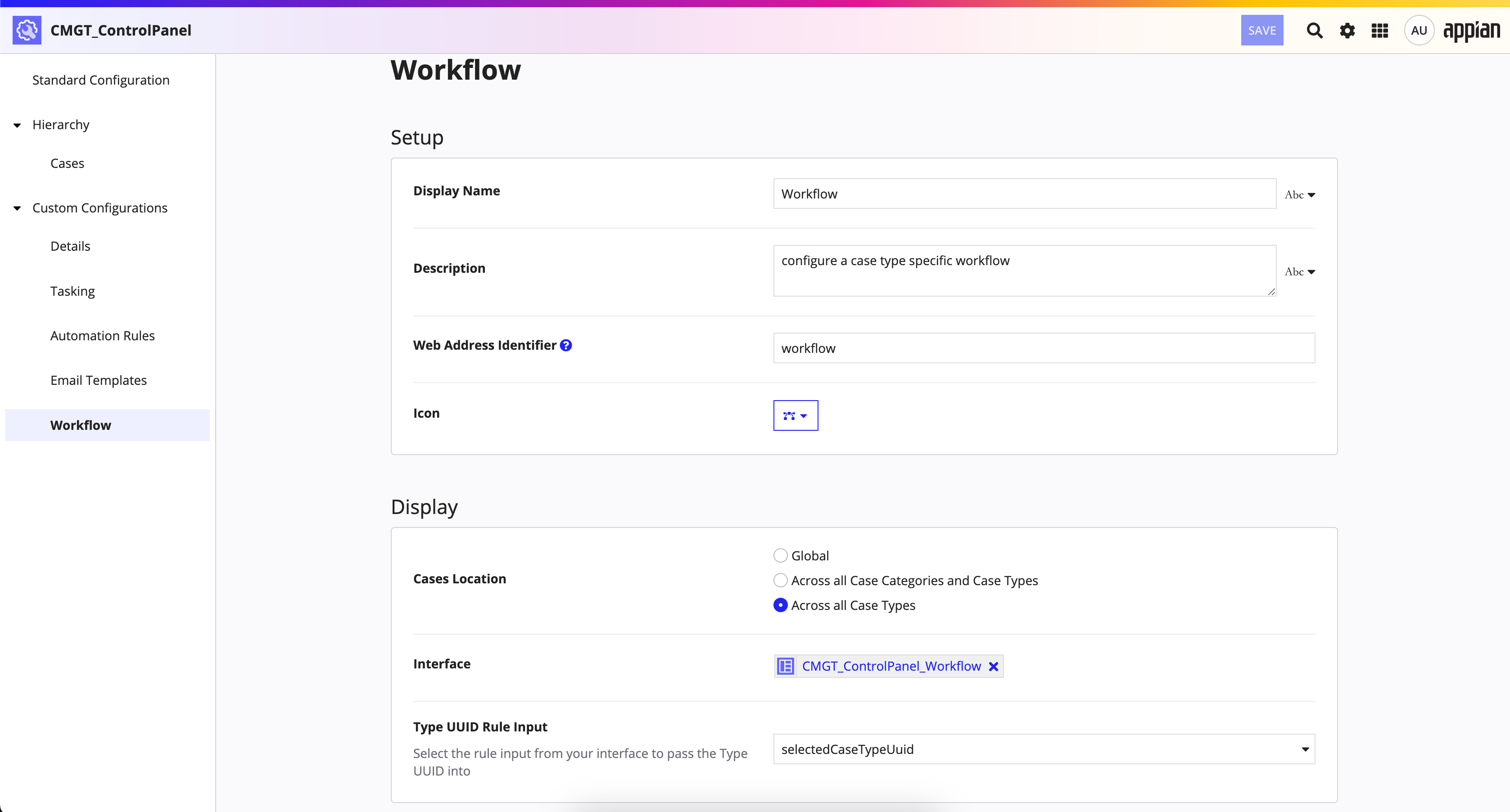 screenshot of the Workflow custom configurations page in the control panel object for CMS