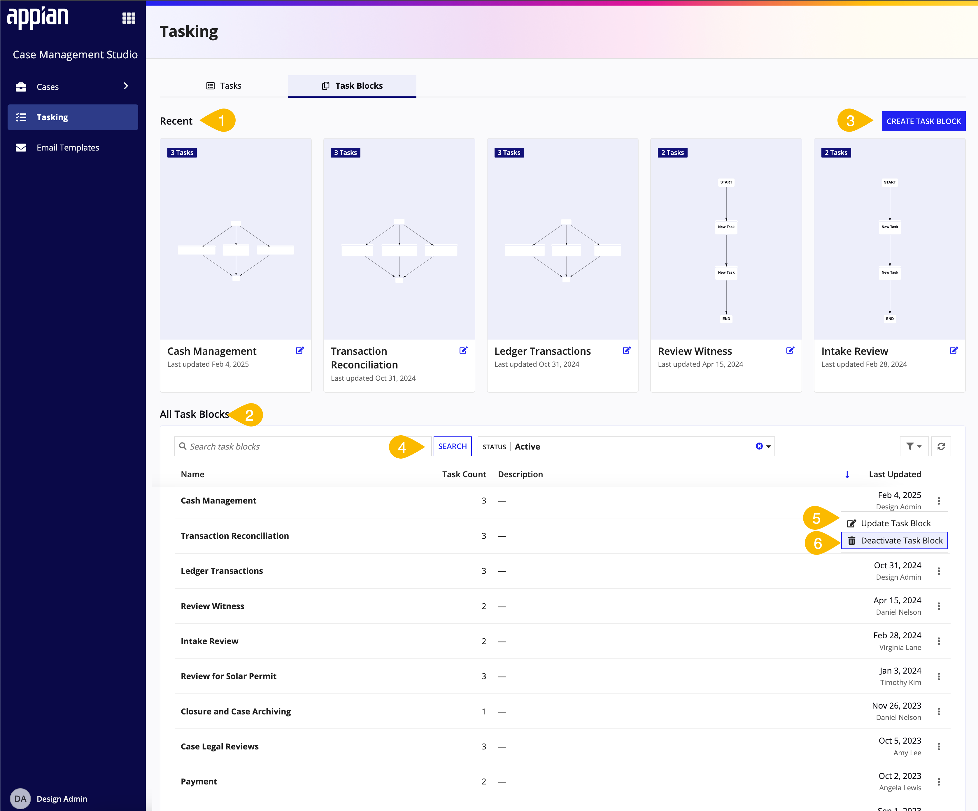 screenshot of the Task Blocks page in the Control Panel