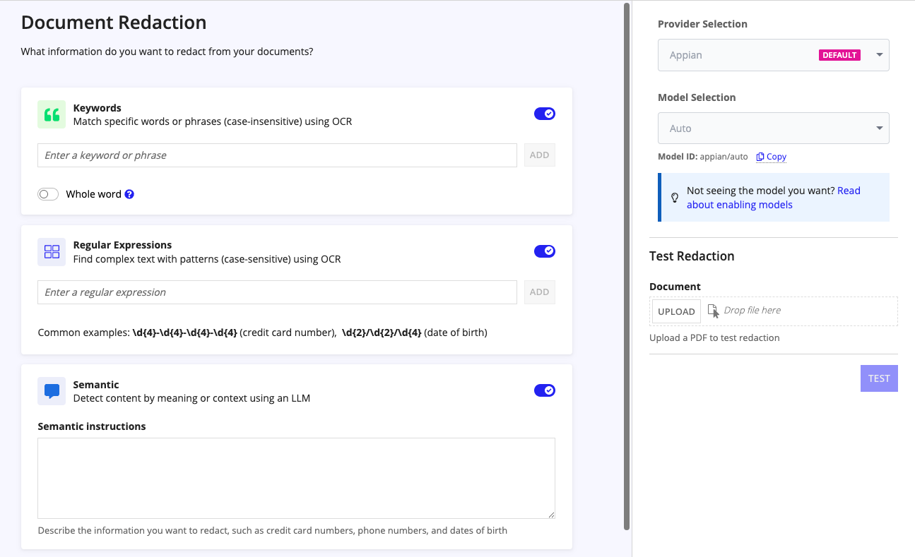 The three redaction method panels in the Document Redaction AI skill: keyword matching, regular expression matching, and semantic matching.