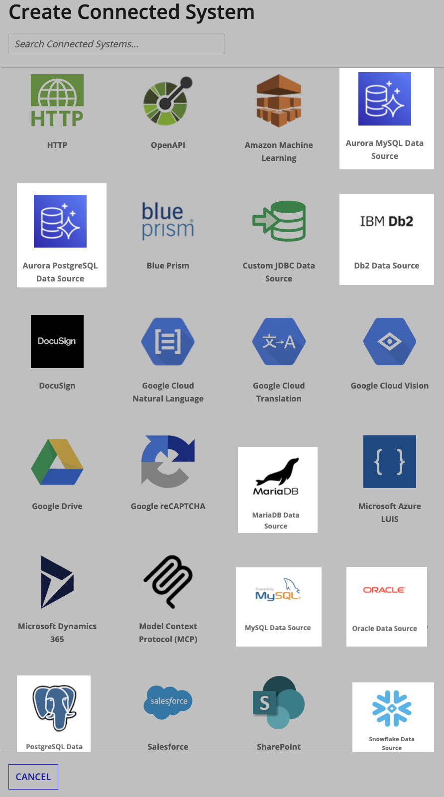List of connected systems available