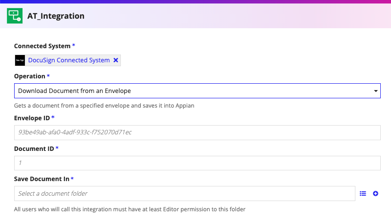 screenshot of the Download Document from an Enveloper operation selected in a DocuSign integration object