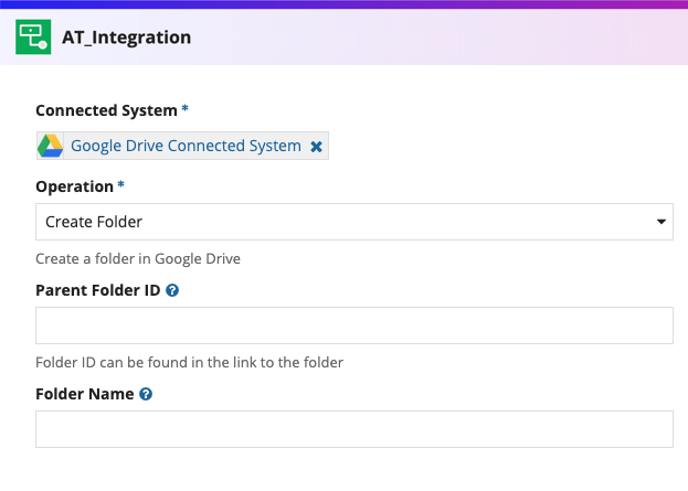 screenshot of the Create Folder operation selected in an integration object