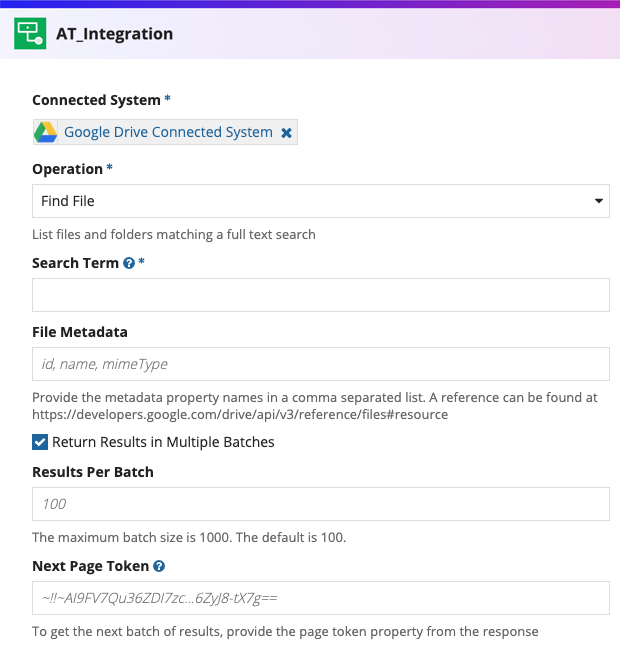 screenshot of a Find File operation selected in an integration object