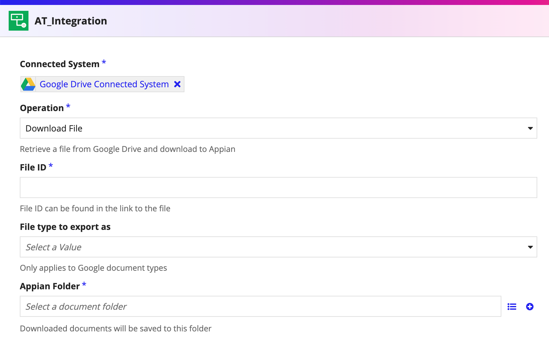 screenshot of a Download File operation selected in an integration object