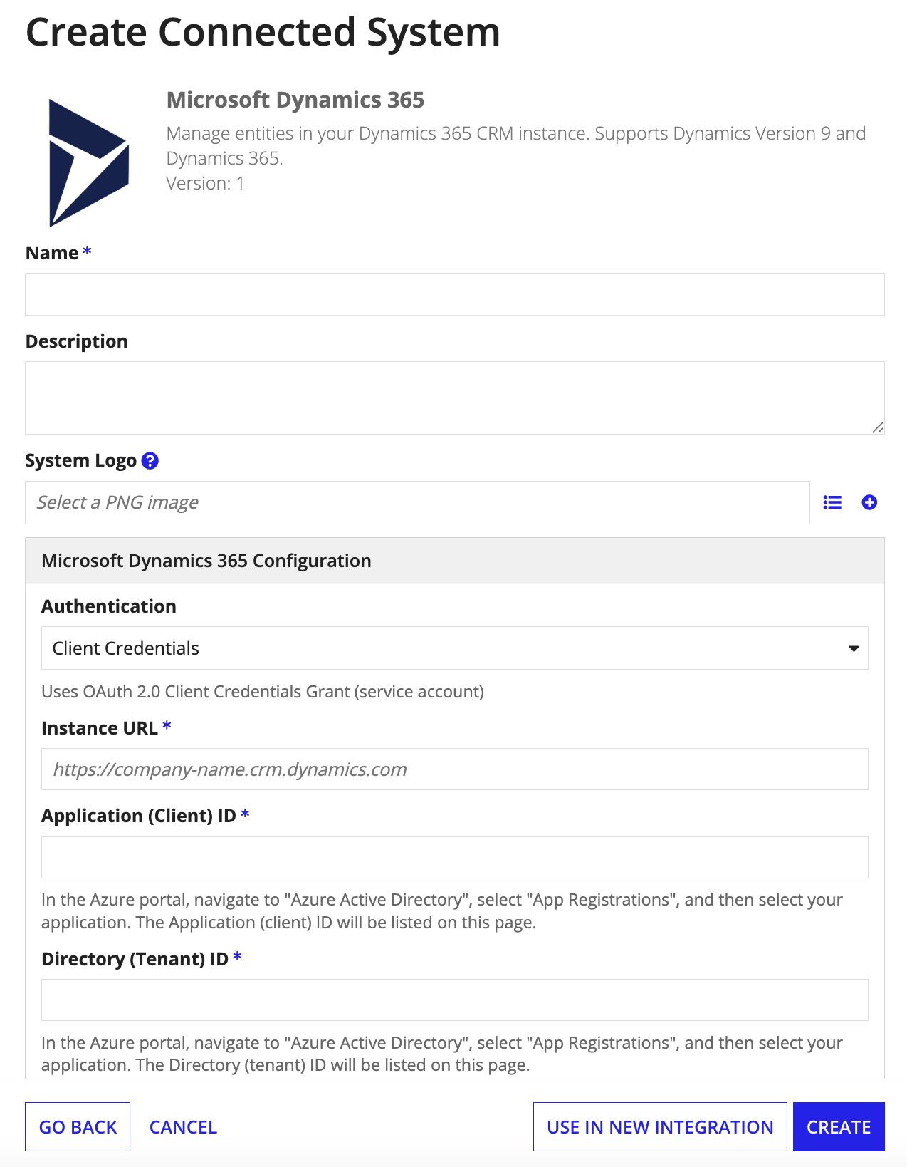 screenshot of the Client Credentials method of authentication selected in a Microsoft Dynamics 365 connected system object