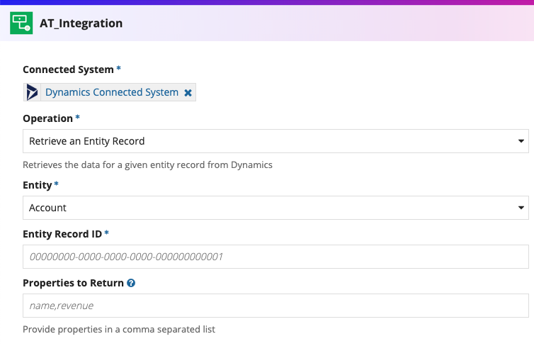 screenshot of the Retrieve an Entity Record operation selected in a Microsoft Dynamics 365 integration object