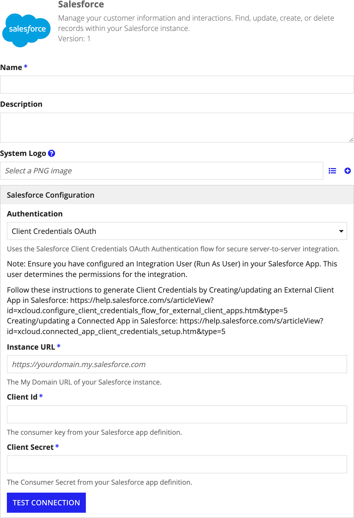 screenshot of the Client Credentials OAuth method of authentication selected in a Salesforce connected system object