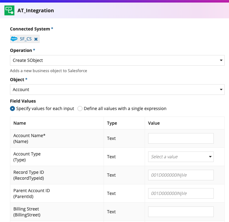 screenshot of the Create SObject operation selected in a Salesforce integration object