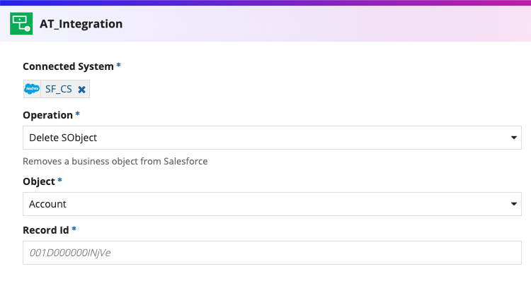 screenshot of the Delete SObject operation selected in a Salesforce integration object