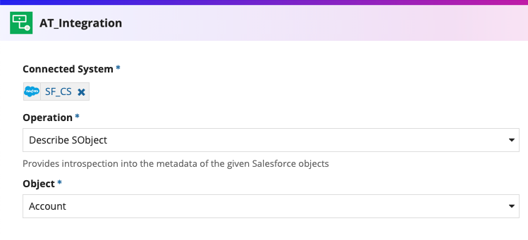 screenshot of the Describe SObject operation selected in a Salesforce integration object