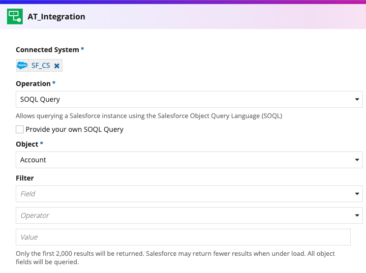 screenshot of the SOQL Query operation selected in a Salesforce integration object