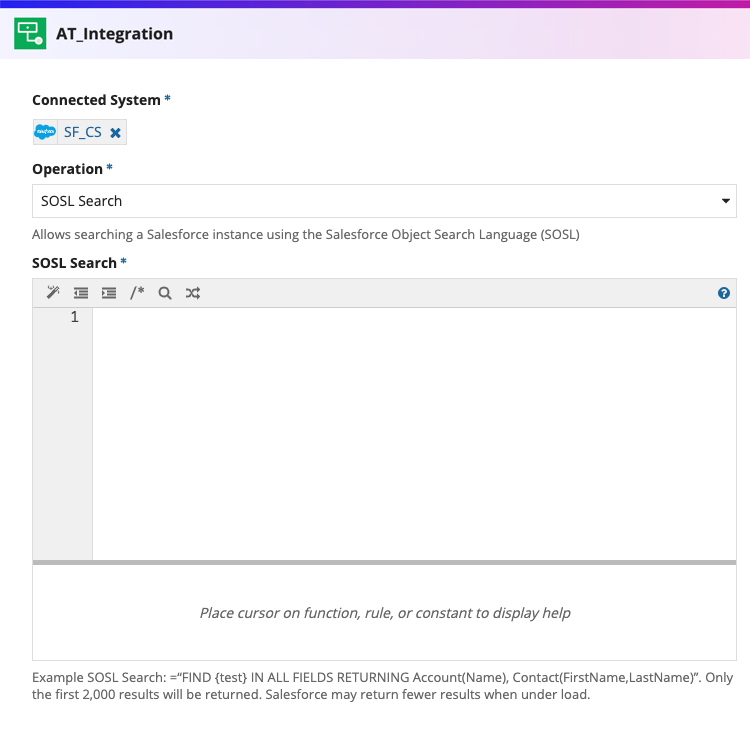 screenshot of the SOSL Search operation selected in a Salesforce integration object