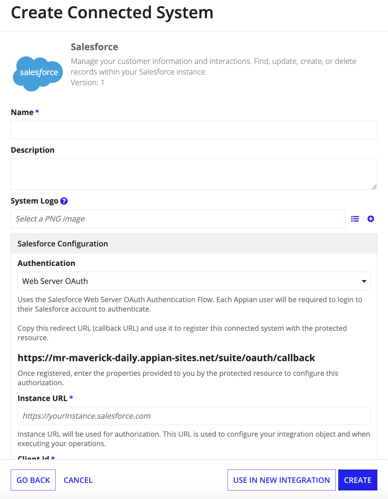 screenshot of the Web Server OAuth method of authentication selected in a Salesforce connected system object