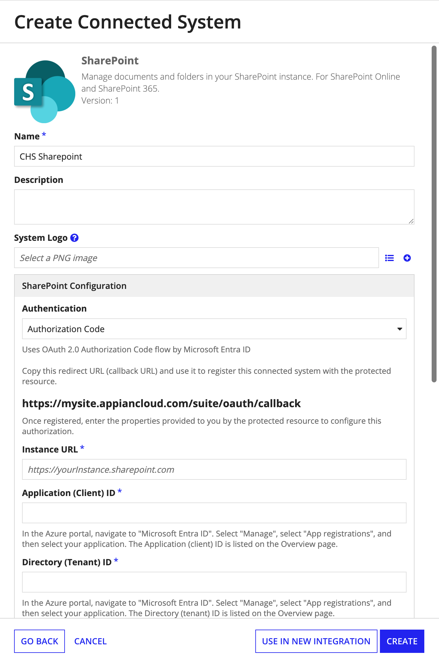 screenshot of a Sharepoint connected system object with the Authorization Code method of authentication selected