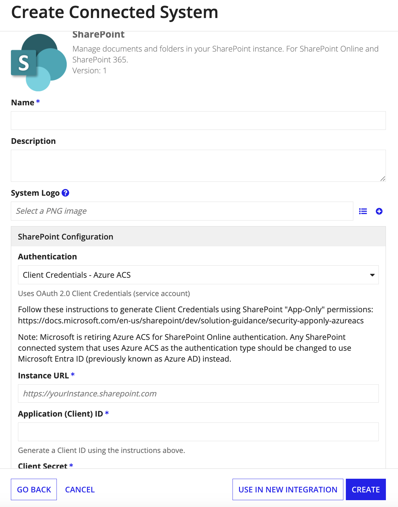 screenshot of a Sharepoint connected system object with the Client Credentials Azure ACS method of authentication selected