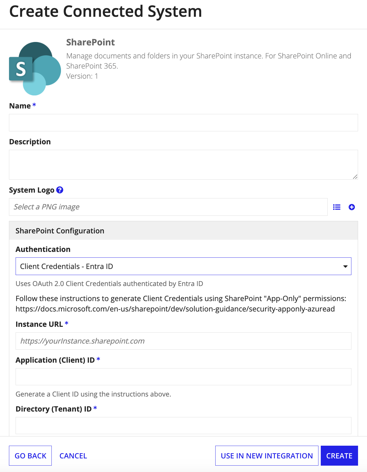 screenshot of a Sharepoint connected system object with the Client Credentials Entra ID method of authentication selected