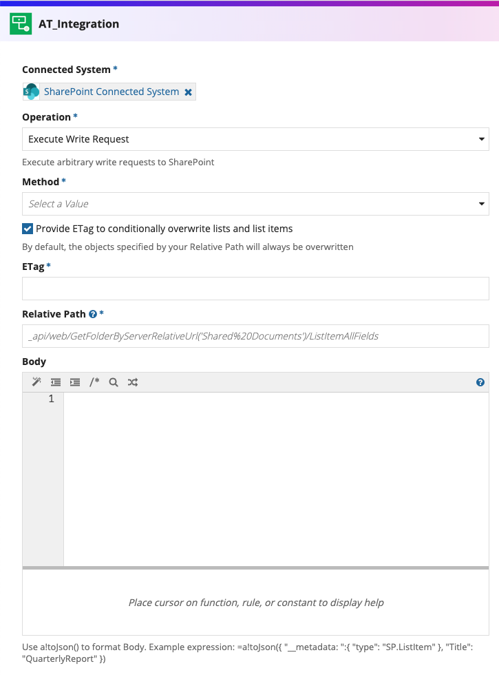 screenshot of the Execute Write Request operation selected in an integration object