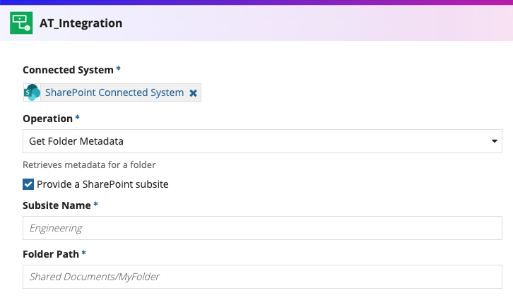screenshot of the Get Folder Metadata operation selected in an integration object
