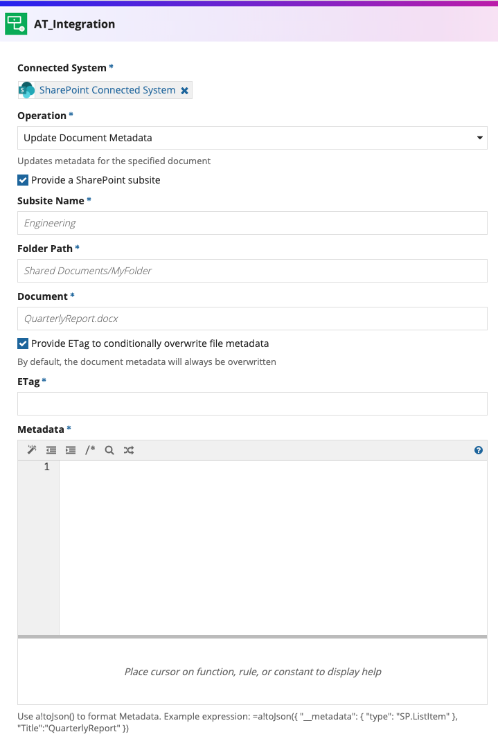 screenshot of the Update Document Metadata operation selected in an integration object
