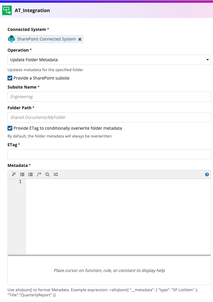 screenshot of the Update Folder Metadata operation selected in an integration object