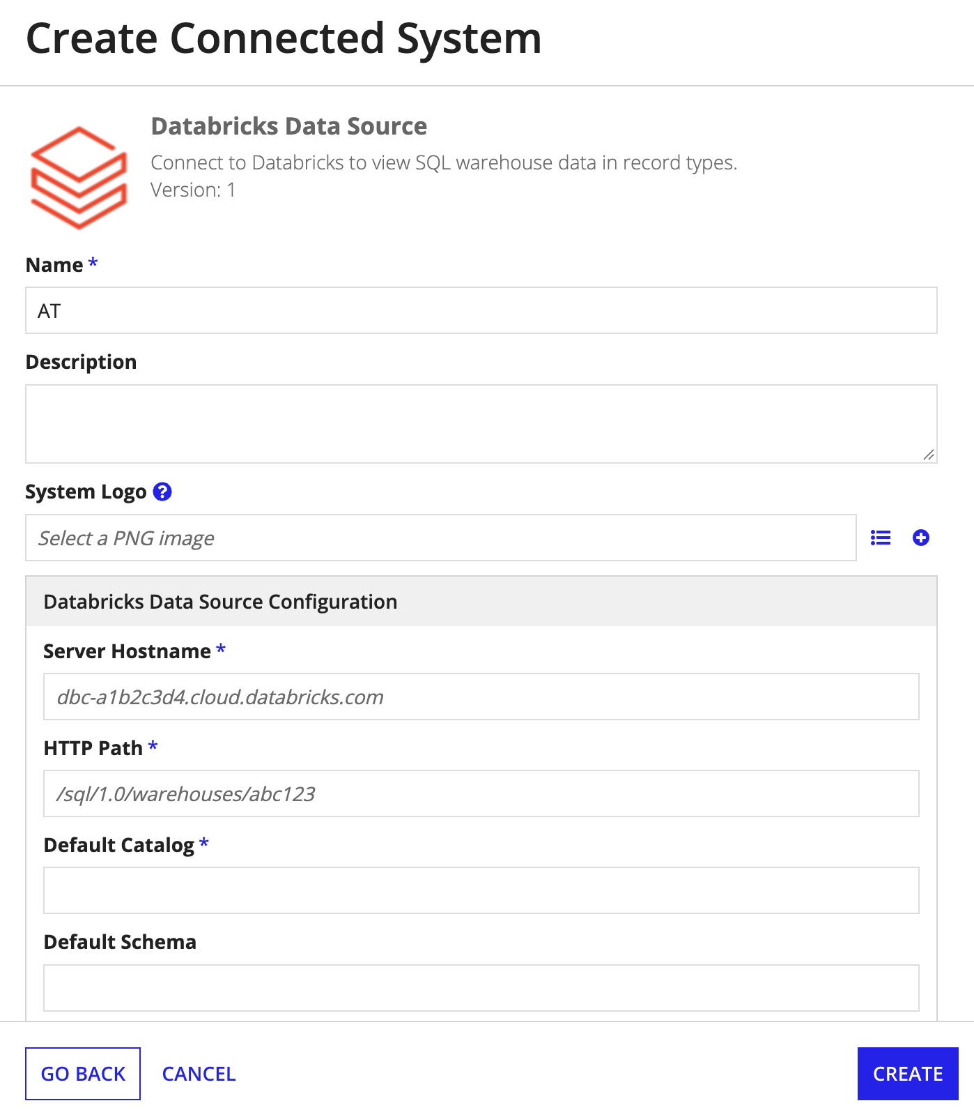 Databricks connected system empty configuration