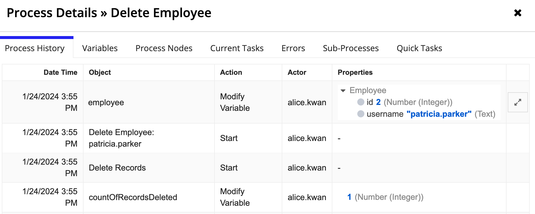 Process details for a Write Records node