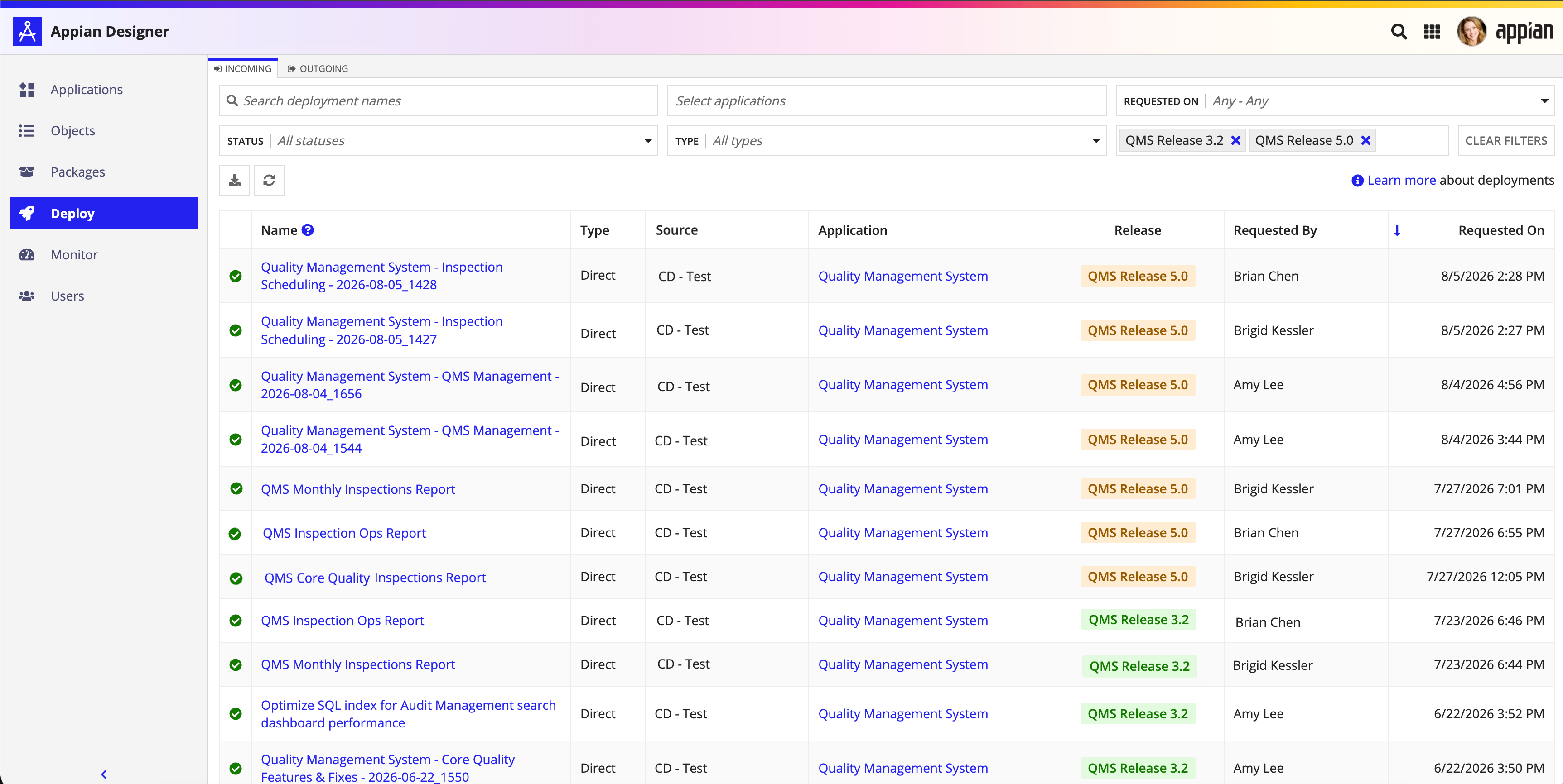 The Incoming tab of the Deploy view with deployments filtered by release