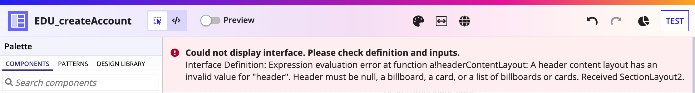 Error message displaying in live view of an interface object