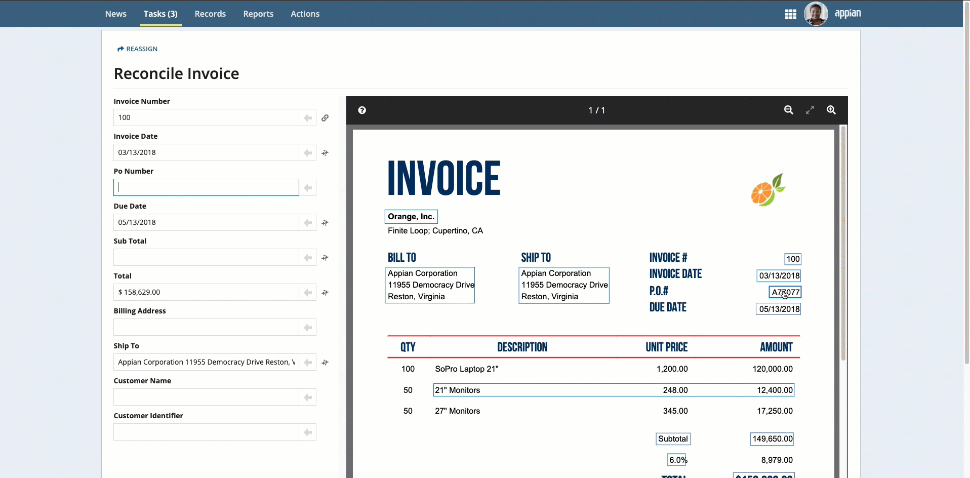 Clicking a box in the document preview and then clicking the arrow next to a field to populate it.