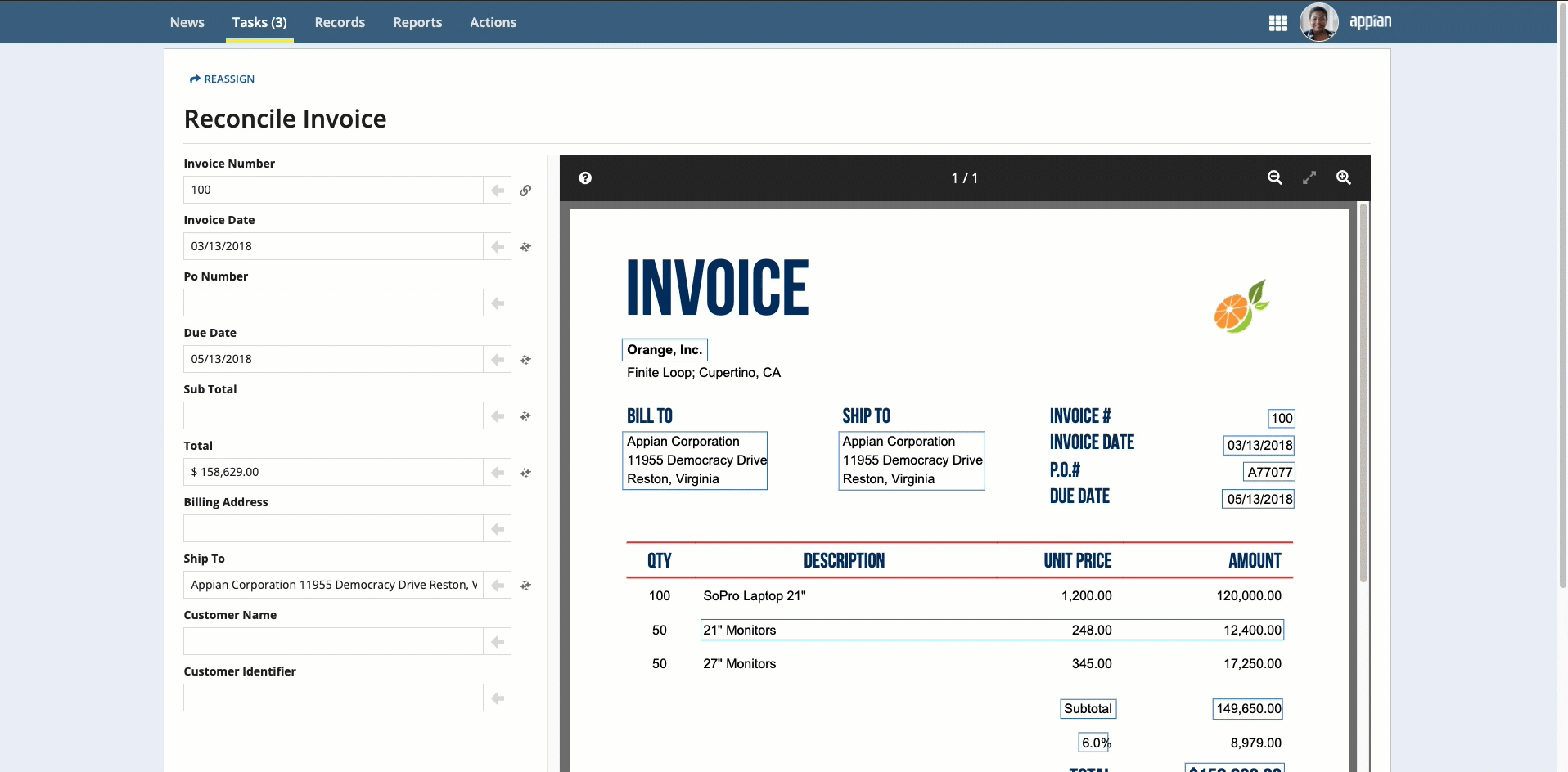Clicking in a field and then selecting a box in the document preview to populate the field.