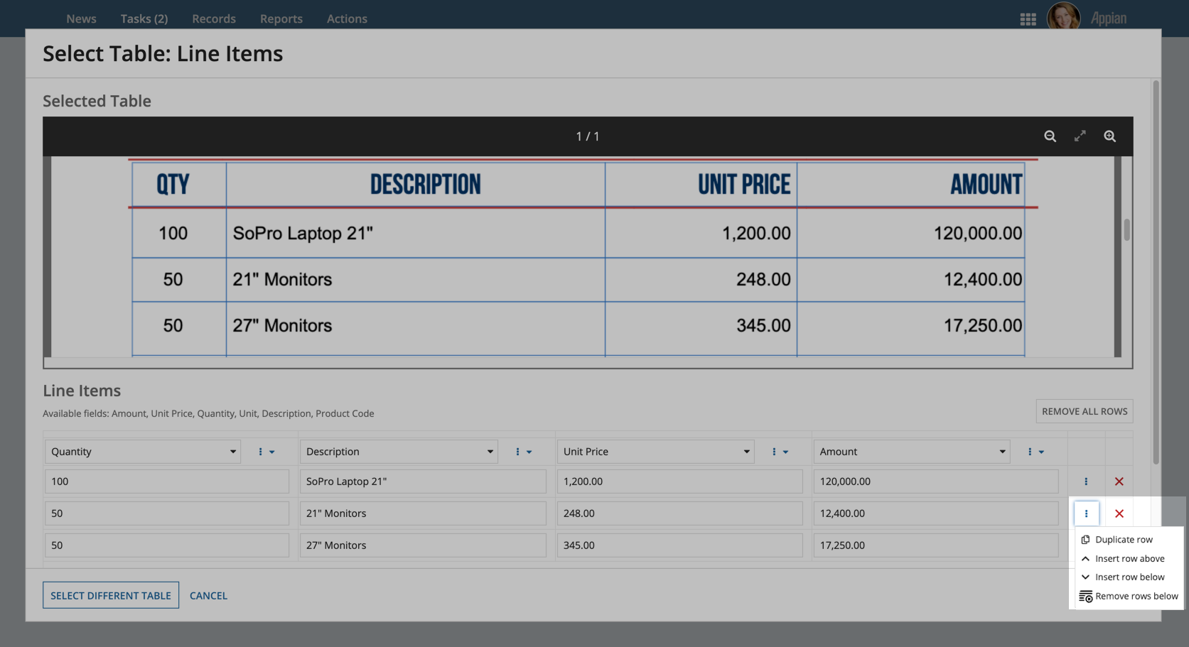 Row menu showing options to duplicate, insert, or remove rows.