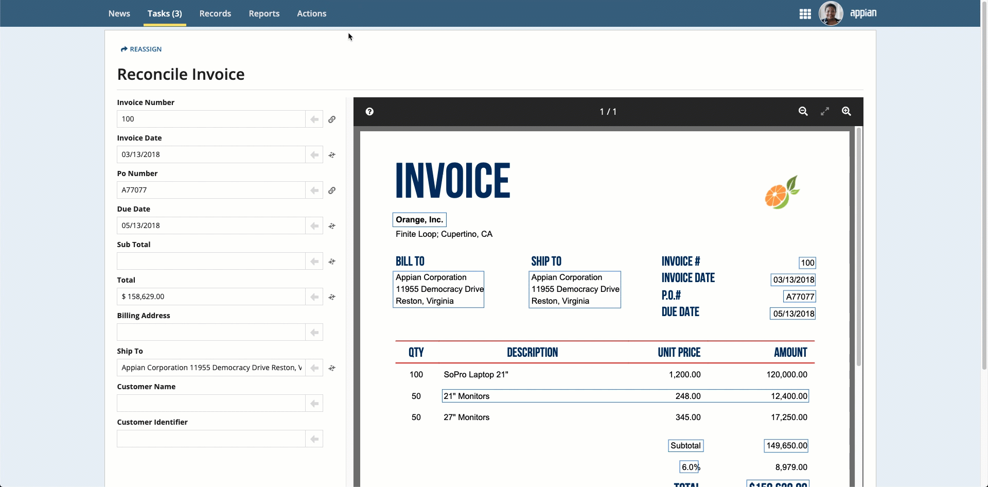 Selecting a field to highlight the corresponding value in the document preview.