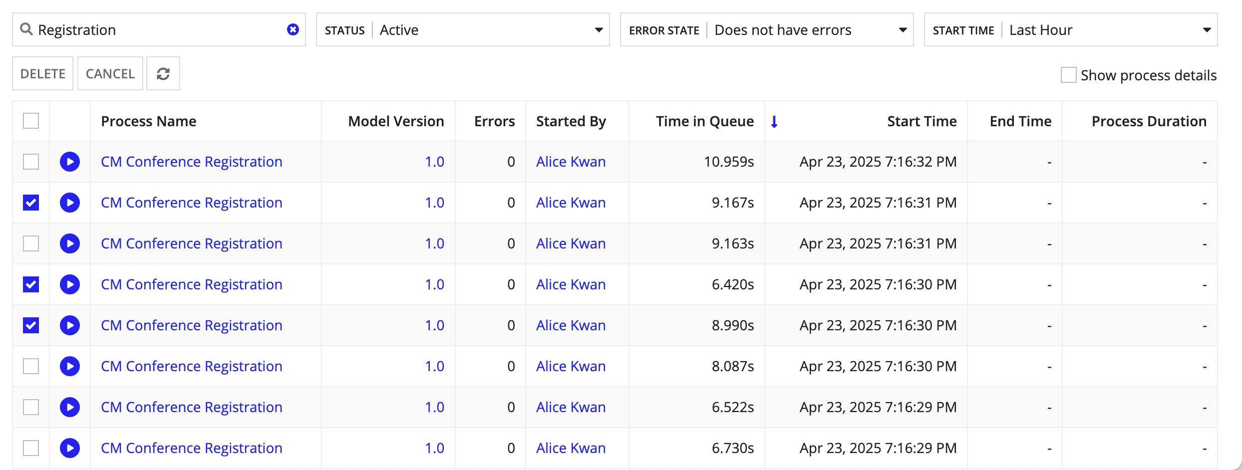 Autoscaled process activity tab with individual processes selected