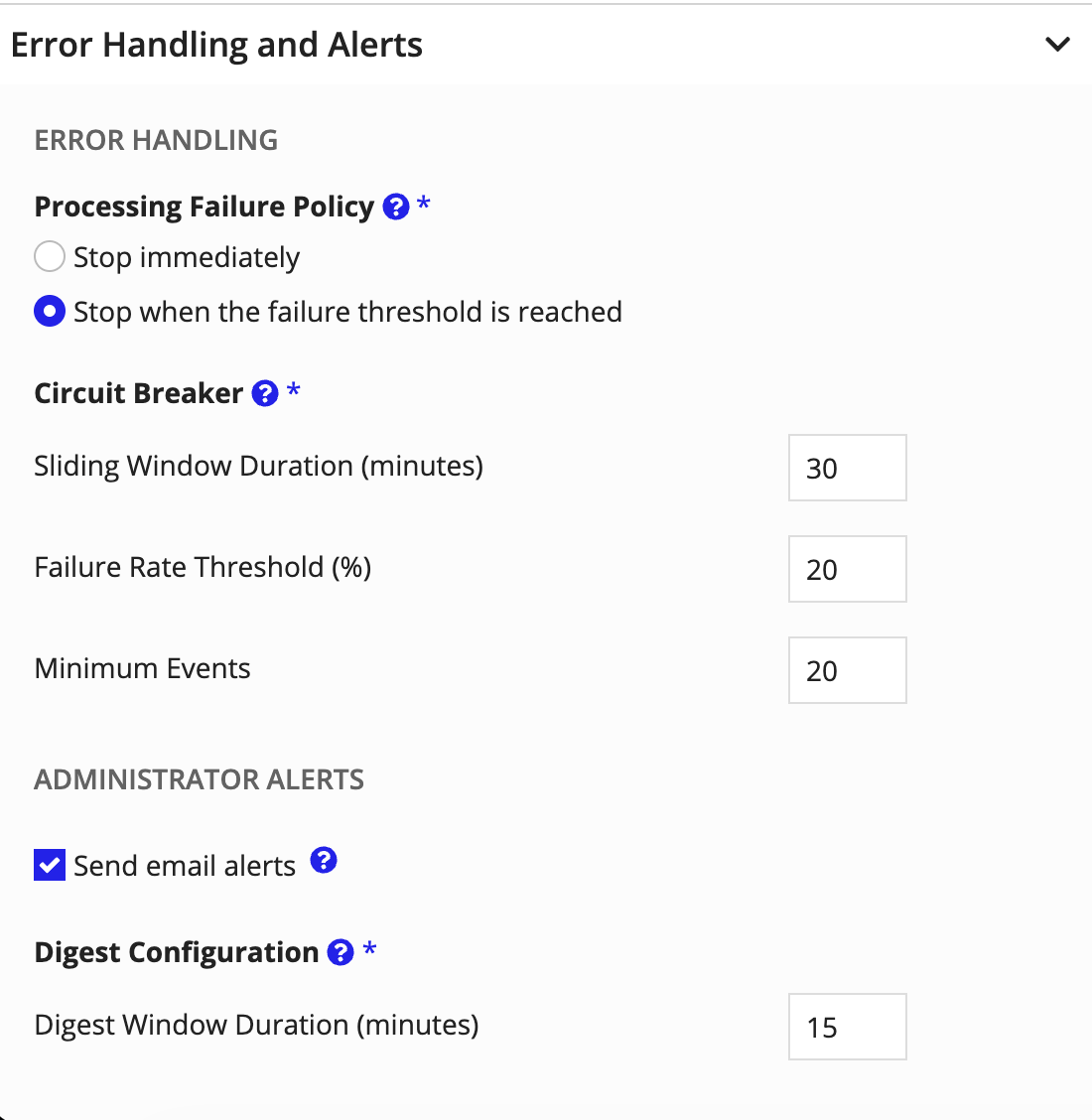 Error Handling and Alerts Configurations section of the event consumer configuration pane