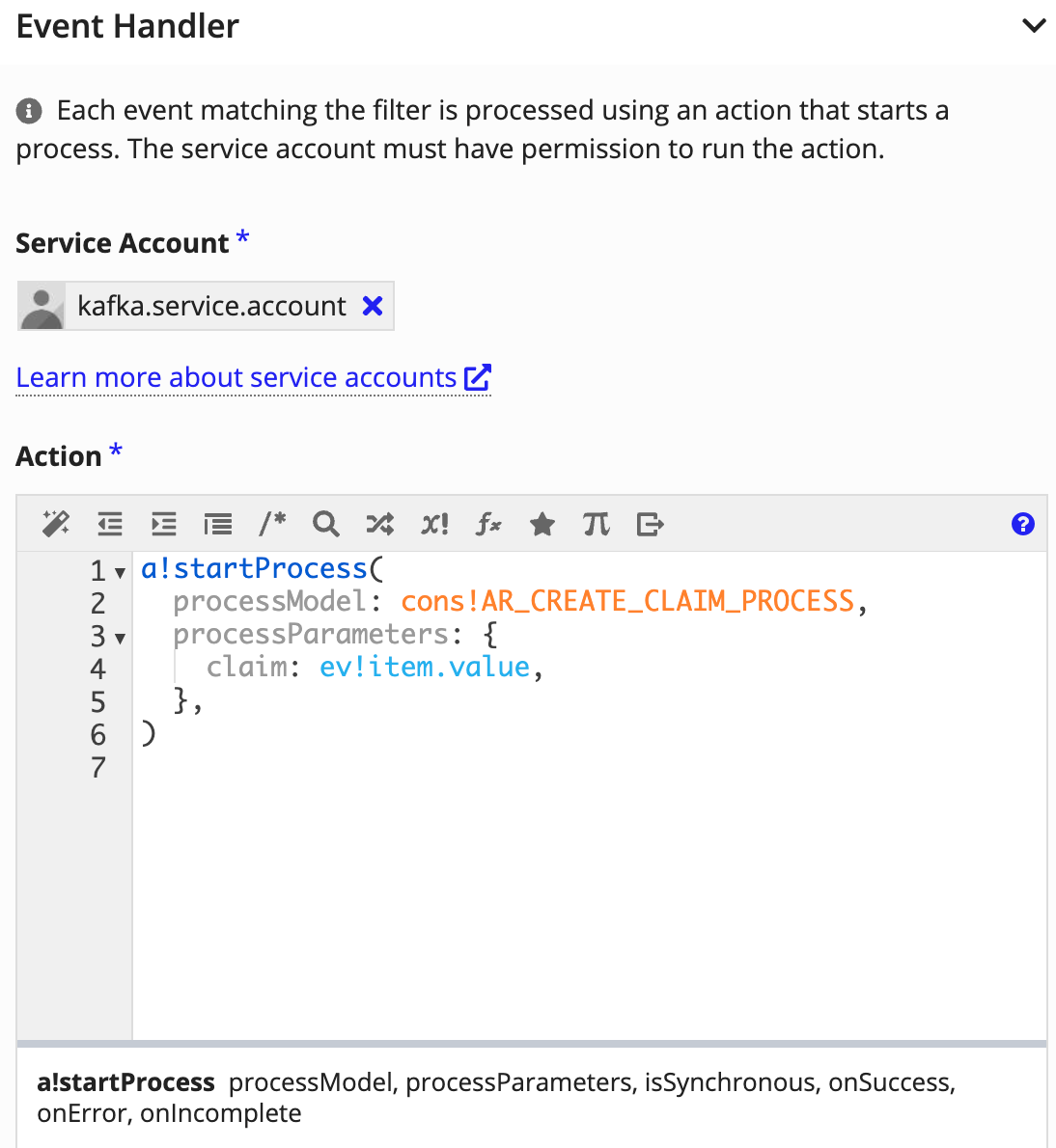 Event handler section of the event consumer configuration pane