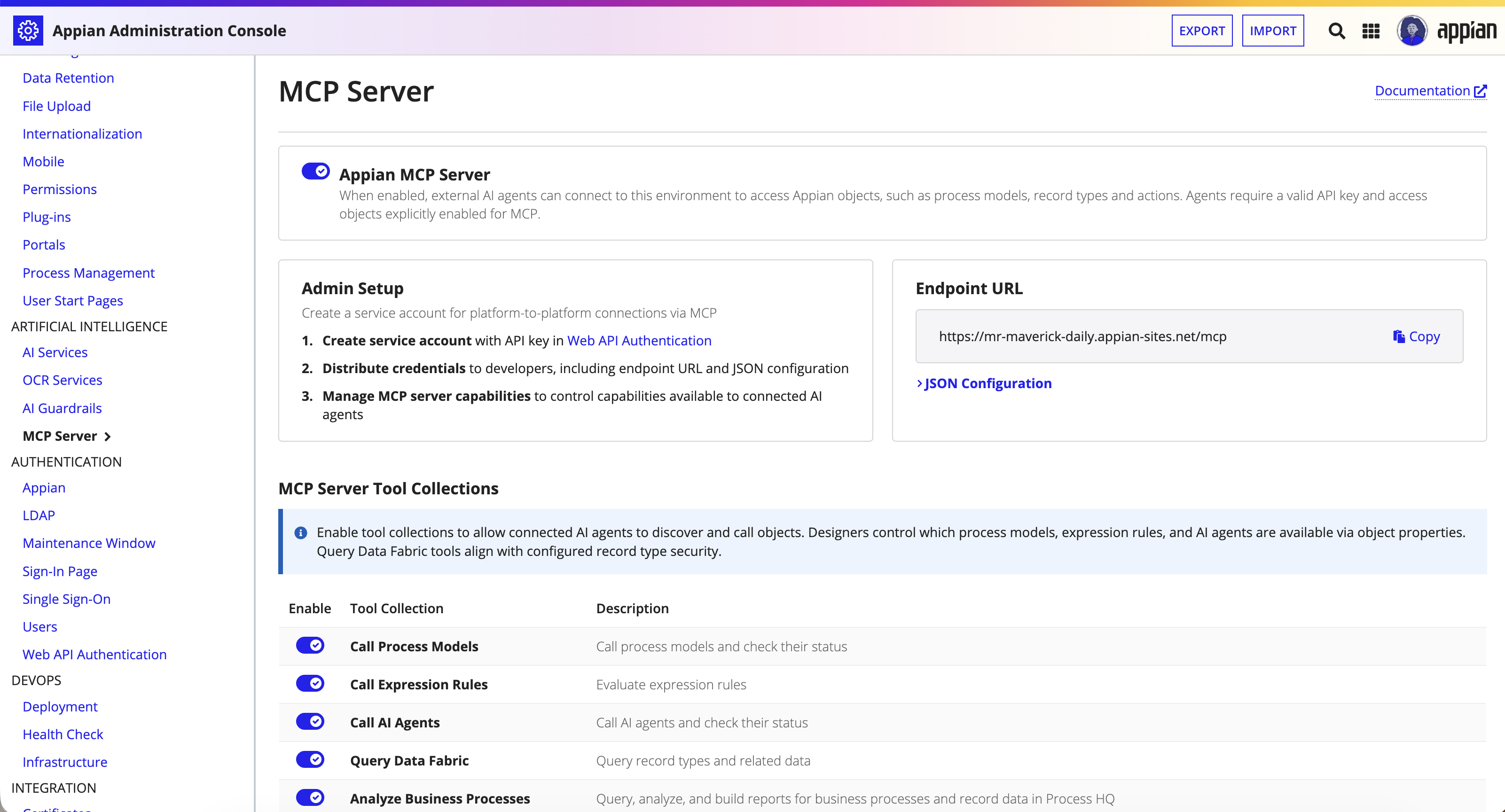 screenshot showing MCP tab in the admin console