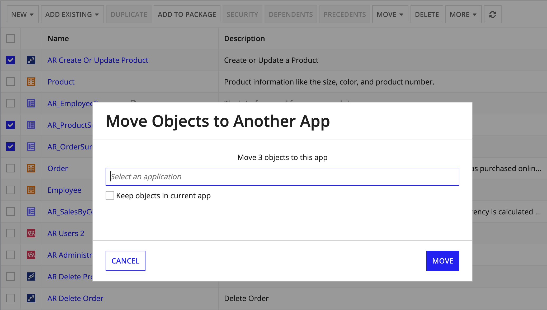 move objects to another application