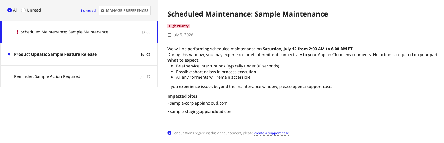 Announcements page in MyAppian