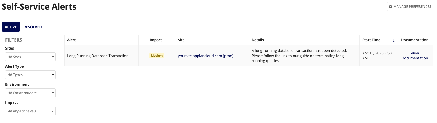 Self-Service Alerts page