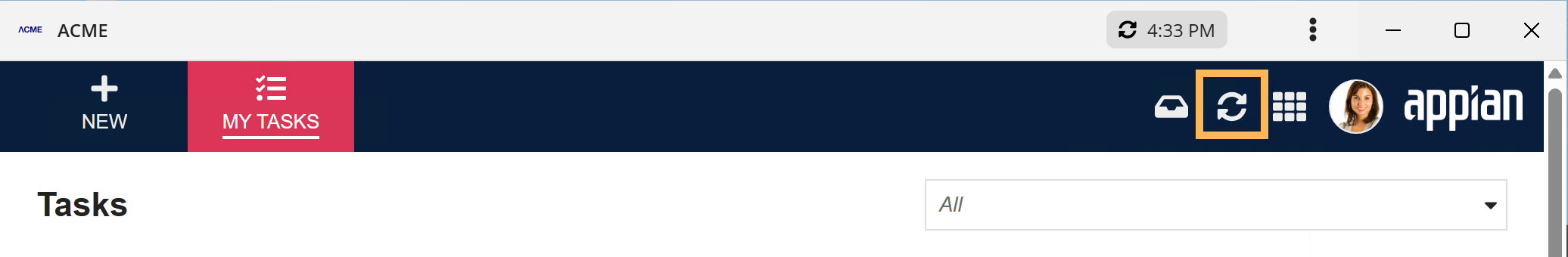 data sync icon in the Appian for Windows app