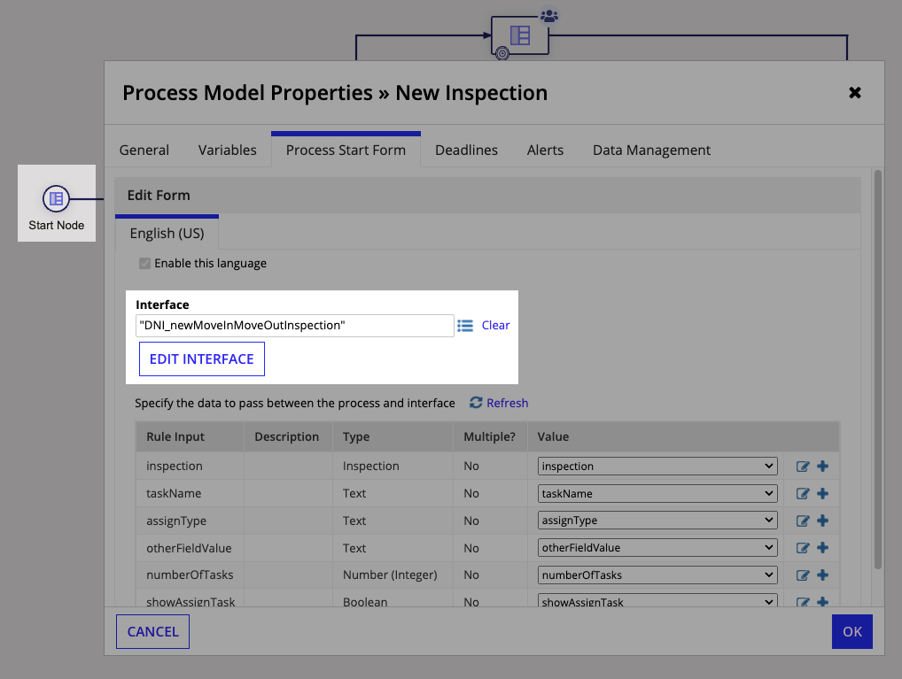 screenshot showing selecting an offline form as a start form in a process model