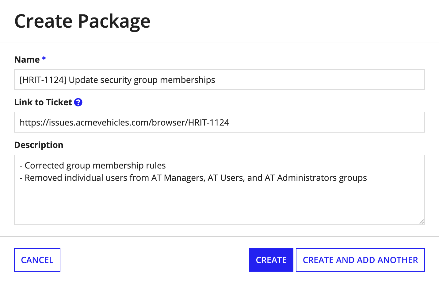 packages create dialog