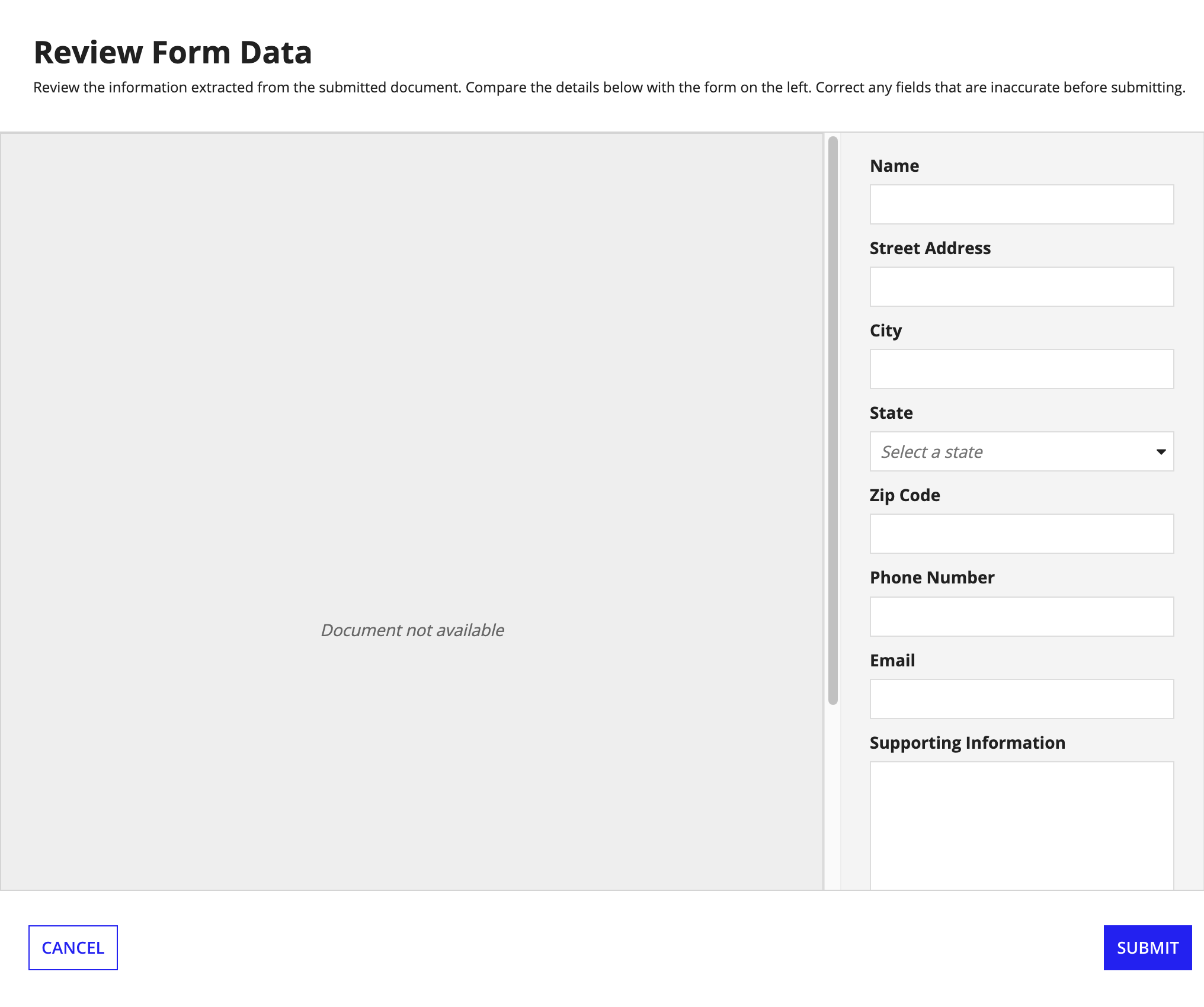 a pane layout in form layout with a document viewer in one pane and form fields in another pane