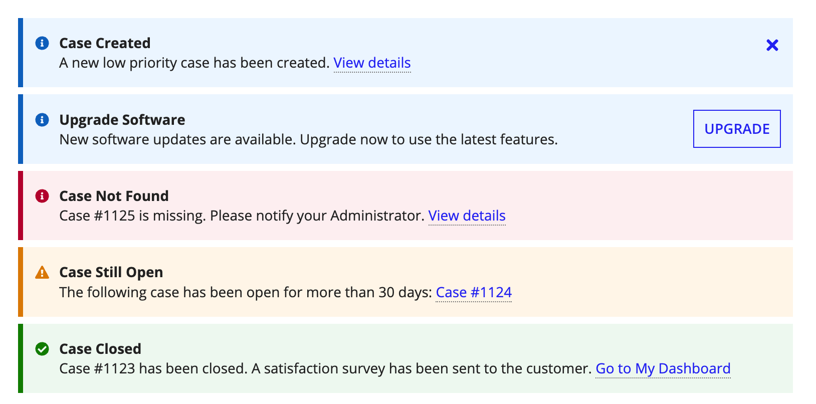 A collection of info, error, warn, and success action banners, each with an icon, text, and an interactive link or button